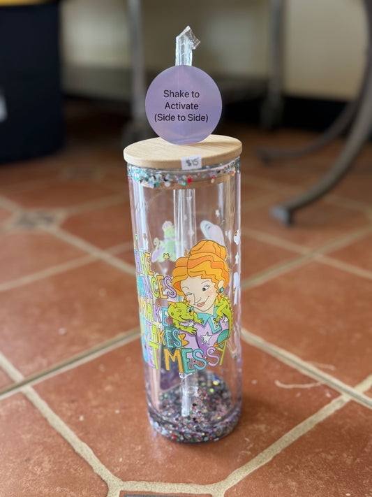 Magic School Bus glass cut with lid and straw